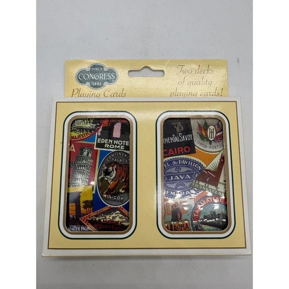 Vintage CONGRESS Double Deck Playing Cards World Travel Stickers Souvenir Art